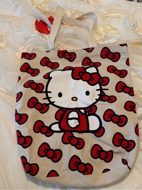 Sanrio Hello Kitty Red and White Bow Pattern Canvas Tote